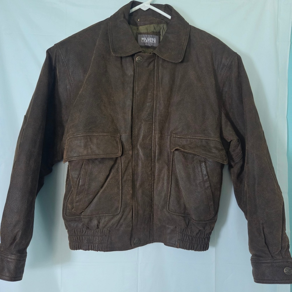 Wilsons Leather Mens Brown Distressed Leather Bomber Jacket Aviator Size Medium